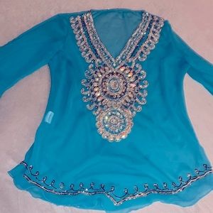Blue Embellished Blouse with Gold Accents